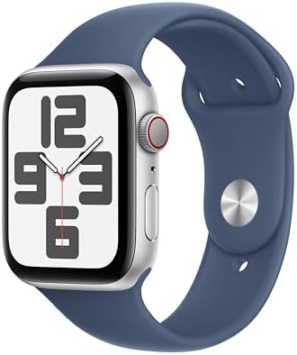 Apple Watch SE (2nd Gen) [GPS + Cellular 44mm] Smartwatch with Silver Aluminum Case with Denim Sport Band M/L. Fitness and Sleep Trackers, Crash Detection, (Renewed)