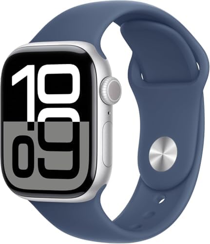 Apple Watch Series 10 [GPS, 42mm] Silver Aluminum Case with Denim Sport Band, M/L (Renewed Premium)