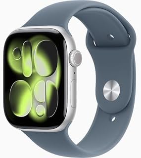 Apple Watch Series 11 [GPS, 46mm] Silver Aluminum Case with Anchor Blue Sport Band, M/L (Renewed)