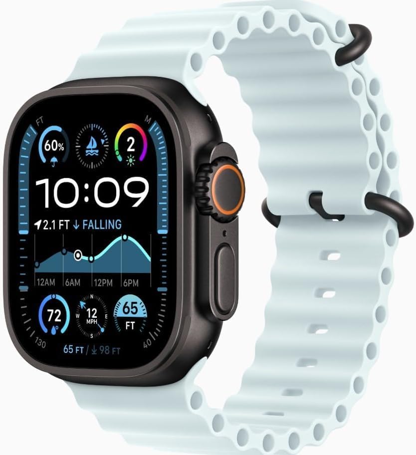 Apple Watch Ultra 2 [GPS + Cellular 49mm] - Black Titanium Case with Ice Blue Ocean Band (Renewed Premium)