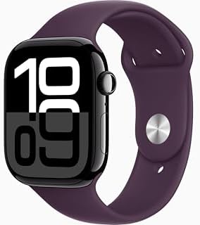 Apple Watch Series 10 [GPS + Cellular, 42mm] - Jet Black Aluminum Case with Plum Sport Band, M/L (Renewed)