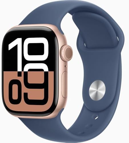 Apple Watch Series 10 [GPS + Cellular, 42mm] - Rose Gold Aluminum Case with Denim Sport Band, S/M (Renewed)