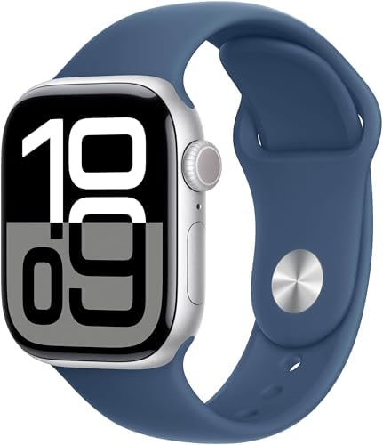 Apple Watch Series 10 [GPS + Cellular 42mm case] Silver Aluminum Case with Denim Sport Band - S/M (Renewed)
