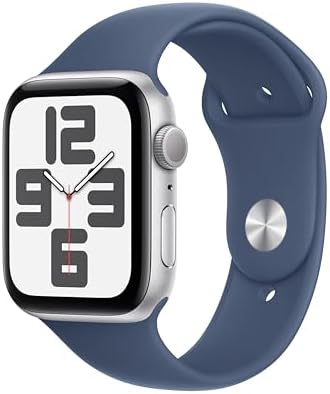 Apple Watch SE (2nd Gen) [GPS 44mm] Smartwatch with Silver Aluminum Case with Denim Sport Band M/L. Fitness and Sleep Trackers, Crash Detection, Heart Rate Monitor, Retina Display