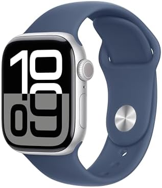 Apple Watch Series 10 [GPS 42mm case] Smartwatch with Silver Aluminum Case with Denim Sport Band - S/M. Fitness Tracker, ECG App, Always-On Retina Display, Water Resistant