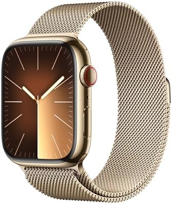Apple Watch Series 9 [GPS + Cellular 45mm] Smartwatch with Gold Stainless Steel Case with Gold Milanese Loop. Fitness Tracker, Blood Oxygen & ECG Apps, Always-On Retina Display (Renewed)