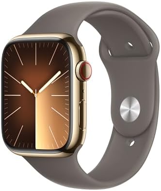 Apple Watch Series 9 [GPS + Cellular, 45mm] - Gold Stainless Steel Case with Clay Sport Band, S/M (Renewed)