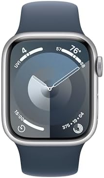 Apple Watch Series 9 [GPS 41mm] Smartwatch with Silver Aluminum Case with Storm Blue Sport Band S/M. Fitness Tracker, ECG Apps, Always-On Retina Display, Water Resistant