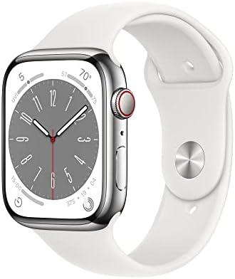 Apple Watch Series 8 [GPS + Cellular 45mm] Smart Watch w/Silver Stainless Steel Case with White Sport Band - M/L. Fitness Tracker, Blood Oxygen & ECG Apps, Always-On Retina Display, Water Resistant