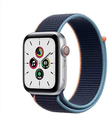 Apple Watch SE (GPS + Cellular, 44mm) - Silver Aluminum Case with Deep Navy Sport Loop (Renewed)