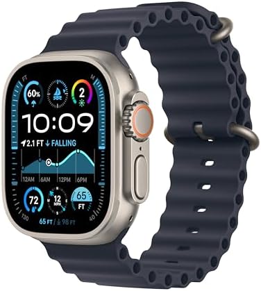Apple Watch Ultra 2 [GPS + Cellular, 49mm] Natural Titanium Case with Navy Ocean Band, One Size (Renewed)