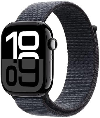 Apple Watch Series 10 [GPS 46mm case] Smartwatch with Jet Black Aluminum Case with Ink Sport Loop. Fitness Tracker, ECG App, Always-On Retina Display, Carbon Neutral