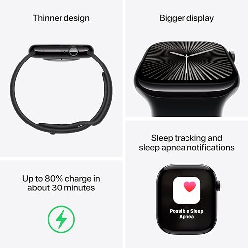 Apple Watch Series 10 [GPS 46mm case] Smartwatch with Jet Black Aluminum Case with Ink Sport Loop. Fitness Tracker, ECG App, Always-On Retina Display, Carbon Neutral