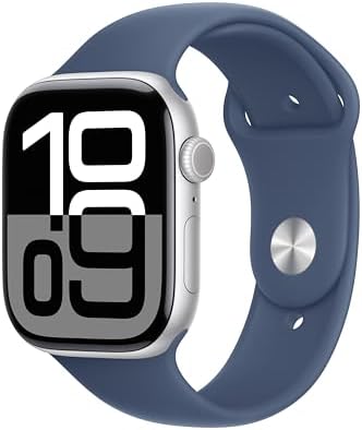 Apple Watch Series 10 [GPS 46mm case] Smartwatch with Silver Aluminum Case with Denim Sport Band - M/L. Fitness Tracker, ECG App, Always-On Retina Display, Water Resistant