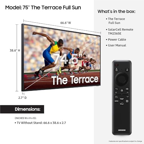SAMSUNG 75-Inch Class Neo QLED 4K The Terrace Full Sun, Neo Quantum HDR+, Dolby Atmos, Weatherproof, Outdoor TV, Anti-Reflection, Smart TV w/Alexa Built-in, (QN75LST9DAFXZA, 2024) (Renewed)