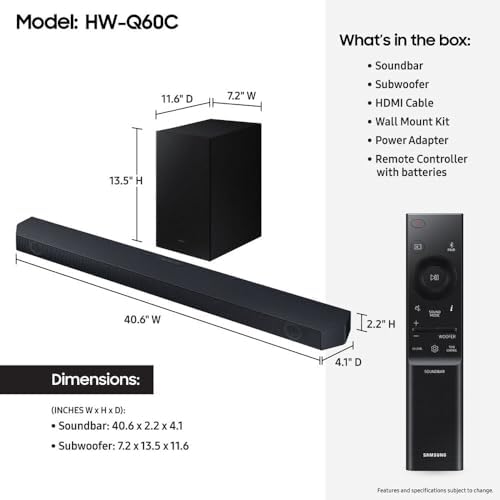 Samsung Soundbar 3.1Ch 340W with Wireless Subwoofer HDMI eARC Dolby Atmos Black HW-Q6CC