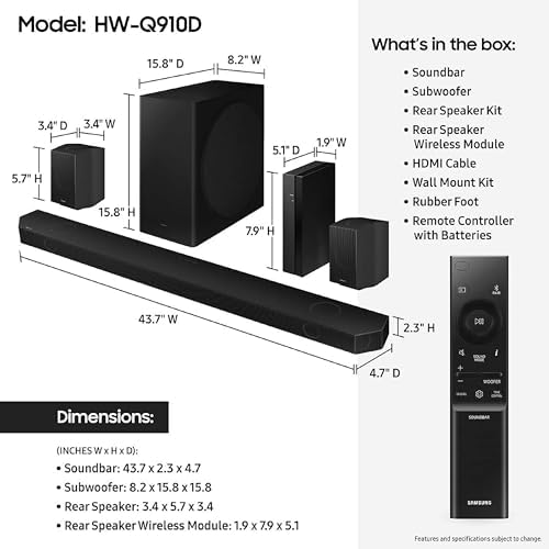 Samsung HW-Q910D 9.1.2 ch Soundbar w/Dolby Audio, Surround Sound Expansion, Adaptive Sound, Wireless Subwoofer, 2024 | X, Wireless Sub Plus Rear Speakers, Q-Symphony, Spacefit Sound Pro, HDMI Earc, Airplay 2