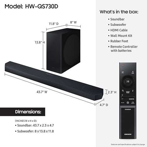 Samsung QS730D 3.1.2ch Soundbar w/Wireless Dolby Atmos Audio, Q-Symphony, SpaceFit Sound Pro, Adaptive Sound, Game Mode Pro, 8” Subwoofer Included, HW-QS730D/ZA
