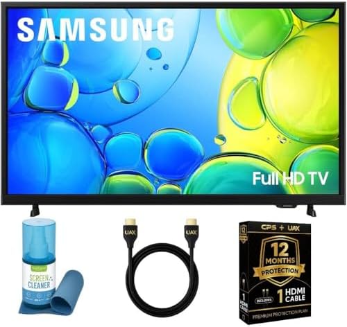 Samsung 32-Inch Smart LED TV Bundle – Full HD 1080p, HDR, Bluetooth, w/ 12 Month CPS Protection, AUX HDMI Cable, and Screen Cleaning.