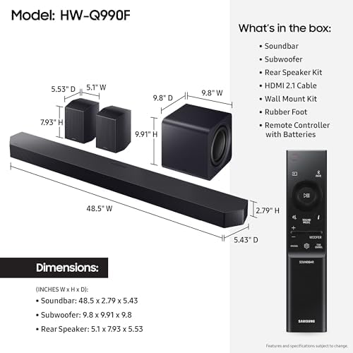 Samsung HWQ990F 11.1.4 Channel Q-Series Soundbar with Subwoofer and Rear Speakers | 11.1.4-Channel Dolby Atmos and Dts:x System with Subwoofer and Wireless Rear Speakers, Q-Symphony, HDMI Earc, WI-FI