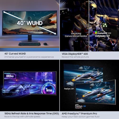 Samsung 40” Odyssey G7 (G75F) WUHD Resolution, 180Hz, Curved Gaming Monitor, 1ms Response Time (GtG), VESA DisplayHDR 600, AMD FreeSync Premium Pro, LS40FG75DENXZA, 2025