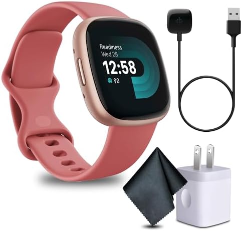 Fitbit 2 Pack Versa 4 Fitness Smartwatch with Daily Readiness, GPS, 24/7 Heart Rate, 40+ Exercise Modes, Fit Bit Smart Watch Pink Sand/Copper Rose Bundle with Cleaning Cloth and Charger