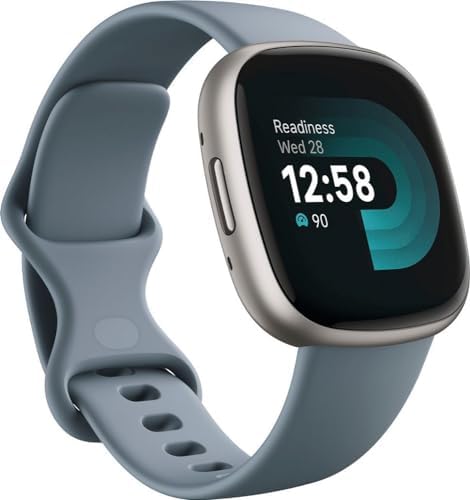 Fitbit Versa 4 Fitness Smartwatch with Daily Readiness, GPS, 24/7 Heart Rate, 40+ Exercise Modes, Sleep Tracking and More, Waterfall Blue/Platinum, One Size (S & L Bands Included)