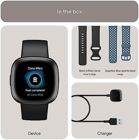 Fitbit Versa 4 Fitness Smartwatch with Daily Readiness, GPS, 24/7 Heart Rate, 40+ Exercise Modes, Waterfall Blue/Platinum, One Size (S & L Bands Included) + Sports Strap Bundle