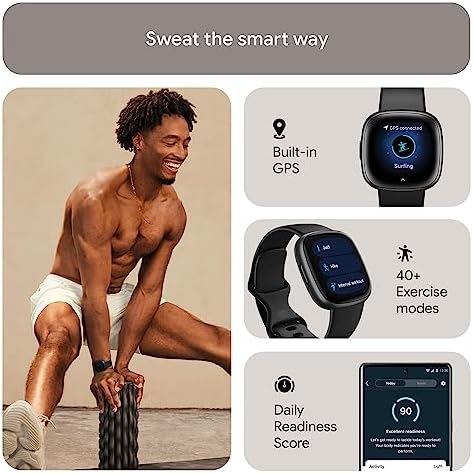 Fitbit Versa 4 Fitness Smartwatch with Daily Readiness, GPS, 24/7 Heart Rate, 40+ Exercise Modes, Waterfall Blue/Platinum, One Size (S & L Bands Included) + Sports Strap Bundle