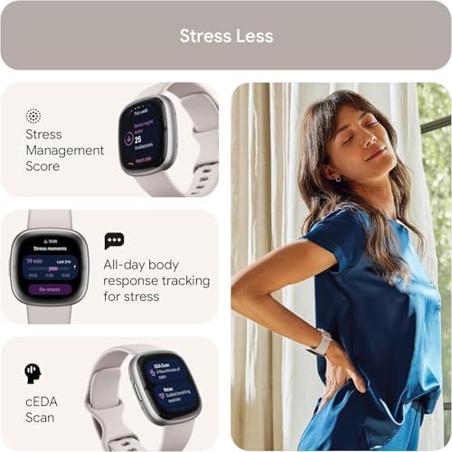 Fitbit Sense 2 Health and Fitness Smartwatch - Lunar White/Platinum | with Stress and Sleep Tools - 3-Month Google Health Premium Membership Included - ECG App, SpO2, 24/7 Heart Rate, and GPS