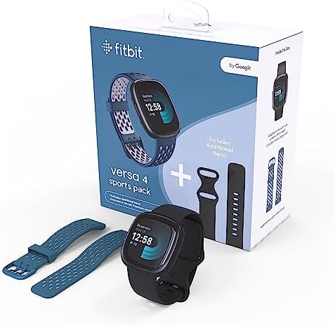 Fitbit Versa 4 Fitness Smartwatch with Daily Readiness, GPS, 24/7 Heart Rate, 40+ Exercise Modes, Waterfall Blue/Platinum, One Size (S & L Bands Included) + Sports Strap Bundle (Renewed)