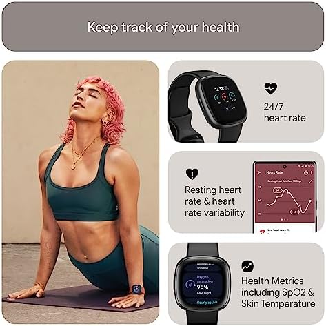Fitbit Versa 4 Fitness Smartwatch with Daily Readiness, GPS, 24/7 Heart Rate, 40+ Exercise Modes, Waterfall Blue/Platinum, One Size (S & L Bands Included) + Sports Strap Bundle (Renewed)