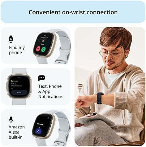 Fitbit Sense 2 Advanced Health and Fitness Smartwatch with Tools to Manage Stress and Sleep, ECG App, SpO2, 24/7 Heart Rate and GPS, Blue Mist/Pale Gold, One Size (S & L Bands Included) (Renewed)