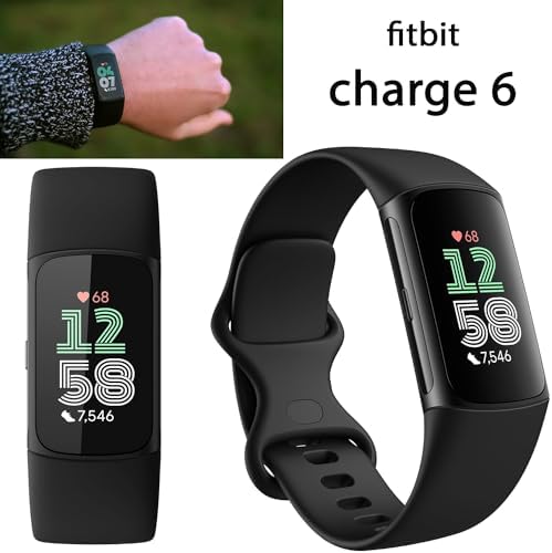 Fitbit Charge 6 Fitness Tracker Watch with Google apps (Black) Bundle with PremGear 3 Silicone Comfortable Watch Bands, 3foot Charge Cable, Adapter, Screen Shields & Cloth
