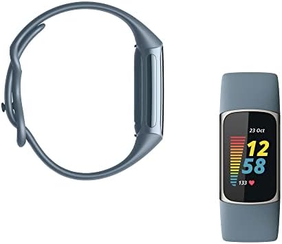 Fitbit Charge 5 Advanced Fitness, Health Tracker with Built-in GPS, Stress Management Tools, Sleep Tracking, 24/7 Heart Rate & More, Platinum, Mineral Blue, One Size S & L Band, Steel Blue (Renewed)