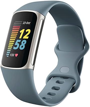 Fitbit Charge 5 Advanced Fitness, Health Tracker with Built-in GPS, Stress Management Tools, Sleep Tracking, 24/7 Heart Rate & More, Platinum, Mineral Blue, One Size S & L Band, Steel Blue (Renewed)