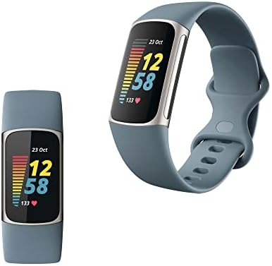 Fitbit Charge 5 Advanced Fitness, Health Tracker with Built-in GPS, Stress Management Tools, Sleep Tracking, 24/7 Heart Rate & More, Platinum, Mineral Blue, One Size S & L Band, Steel Blue (Renewed)