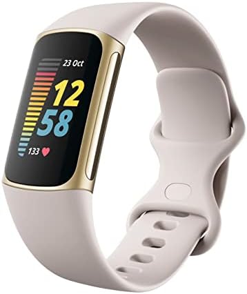 Fitbit Charge 5 Advanced Fitness & Health Tracker with Built-in GPS, Stress Management Tools, Sleep Tracking, 24/7 Heart Rate and More, One Size S & L Band, Lunar White/Soft Gold (Renewed)