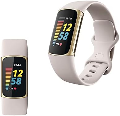 Fitbit Charge 5 Advanced Fitness & Health Tracker with Built-in GPS, Stress Management Tools, Sleep Tracking, 24/7 Heart Rate and More, One Size S & L Band, Lunar White/Soft Gold (Renewed)