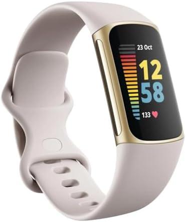 Fitbit Charge 5 Advanced Health & Fitness Tracker with Built-in GPS, Stress Management Tools, Sleep Tracking, 24/7 Heart Rate and More, Lunar White/Soft Gold, One Size (S &L Bands Included) (Renewed)