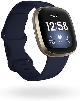 Fitbit Versa 3 Health & Fitness Smartwatch with GPS, 24/7 Heart Rate, Alexa Built-in, 6+ Days Battery, Midnight Blue/Gold, One Size (S & L Bands Included) (Renewed)