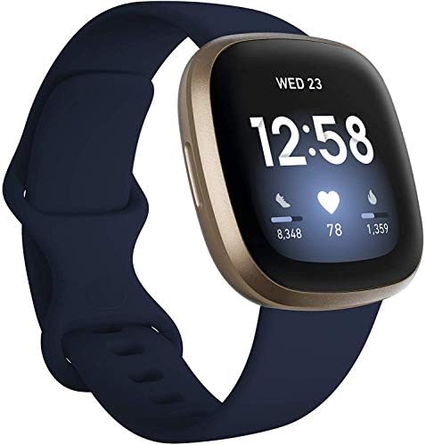 Fitbit Versa 3 Health & Fitness Smarwtach with GPS, 24/7 Heart Rate, 6+ Days Battery, Midnight Blue/Gold, One Size (S & L Bands Included)