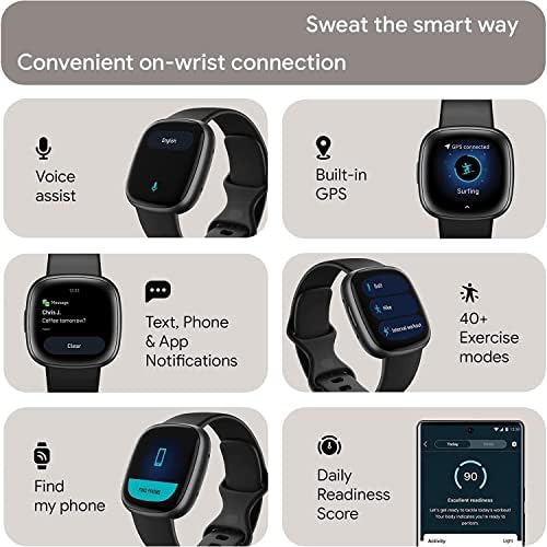 Fitbit Versa 4 Health and Fitness Smart Watch (Black/Graphite) with Built-in GPS, 6 Day Battery Life, Bundle with PremGear 3 Nylon Comfortable Watch Bands, Wall Adapter, Screen Shields & Cloth