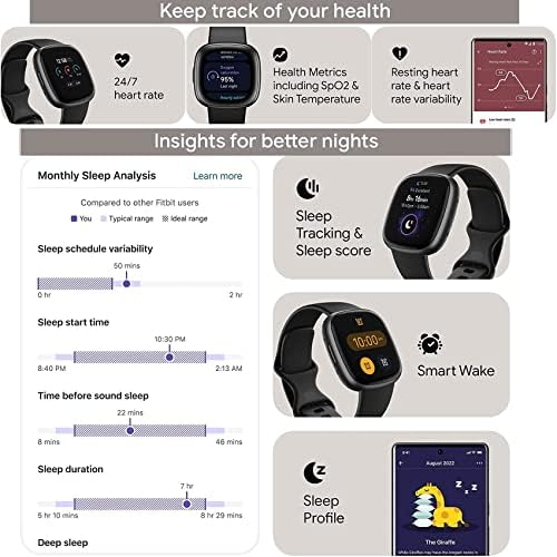 Fitbit Versa 4 Health and Fitness Smart Watch (Black/Graphite) with Built-in GPS, 6 Day Battery Life, Bundle with PremGear 3 Nylon Comfortable Watch Bands, Wall Adapter, Screen Shields & Cloth
