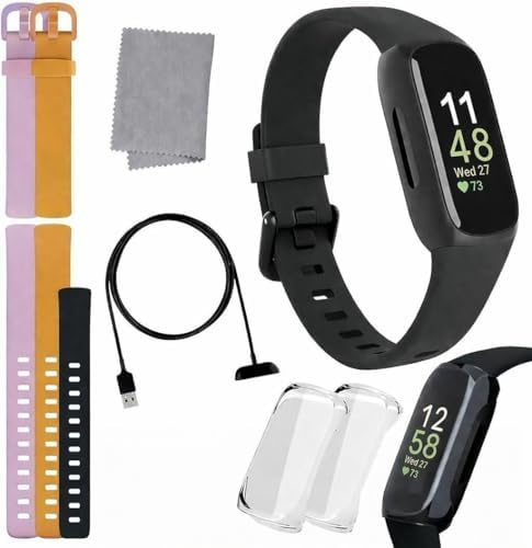 Fitbit Inspire 3 Health & Fitness Tracker Bundle - with Stress Management, Workout Intensity, Sleep Tracking, 24/7 Heart + 2 Silicone Bands, 2 Screen Protectors, Cleaning Cloth & Fast Charger