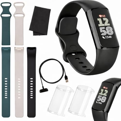 Fitbit Charge 6 Fitness Tracker (Bundle) – Black/Obsidian – Heart Rate, GPS, Sleep & Stress Tracking + Fast Charger, & Cleaning Cloth (Black)