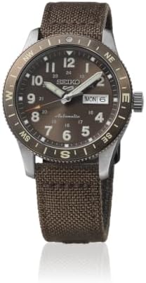 SEIKO HDB009K1 Men's 5 Sports Field Automatic Watch, Brown Dial, Nylon & Leather Strap, Day-Date Display, Hardlex Crystal, 100M Water Resistant | Rotating bezel, transparent and screwed case back
