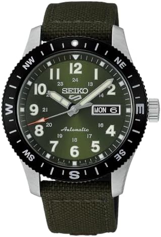 SEIKO HDB008K1 Men's 5 Sports Field Automatic Watch, Green Dial, Nylon & Leather Strap, Day-Date Display, Hardlex Crystal, 100M Water Resistant