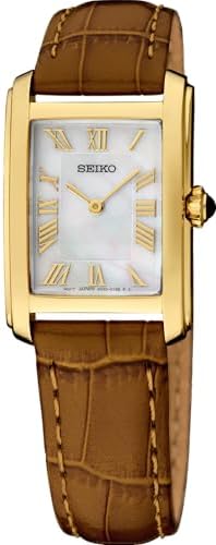 SEIKO SWR100 Women's Quartz Watch, 30M Water Resistant, Elegant Mother-of-Pearl Dial, Cabochon Crown, Leather Strap - Gold