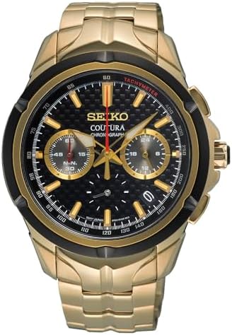 SEIKO SSB440 Men's Coutura Chronograph Quartz Watch - Black Dial Stainless Steel with Light Gold Band 100 Meters Water Resistant